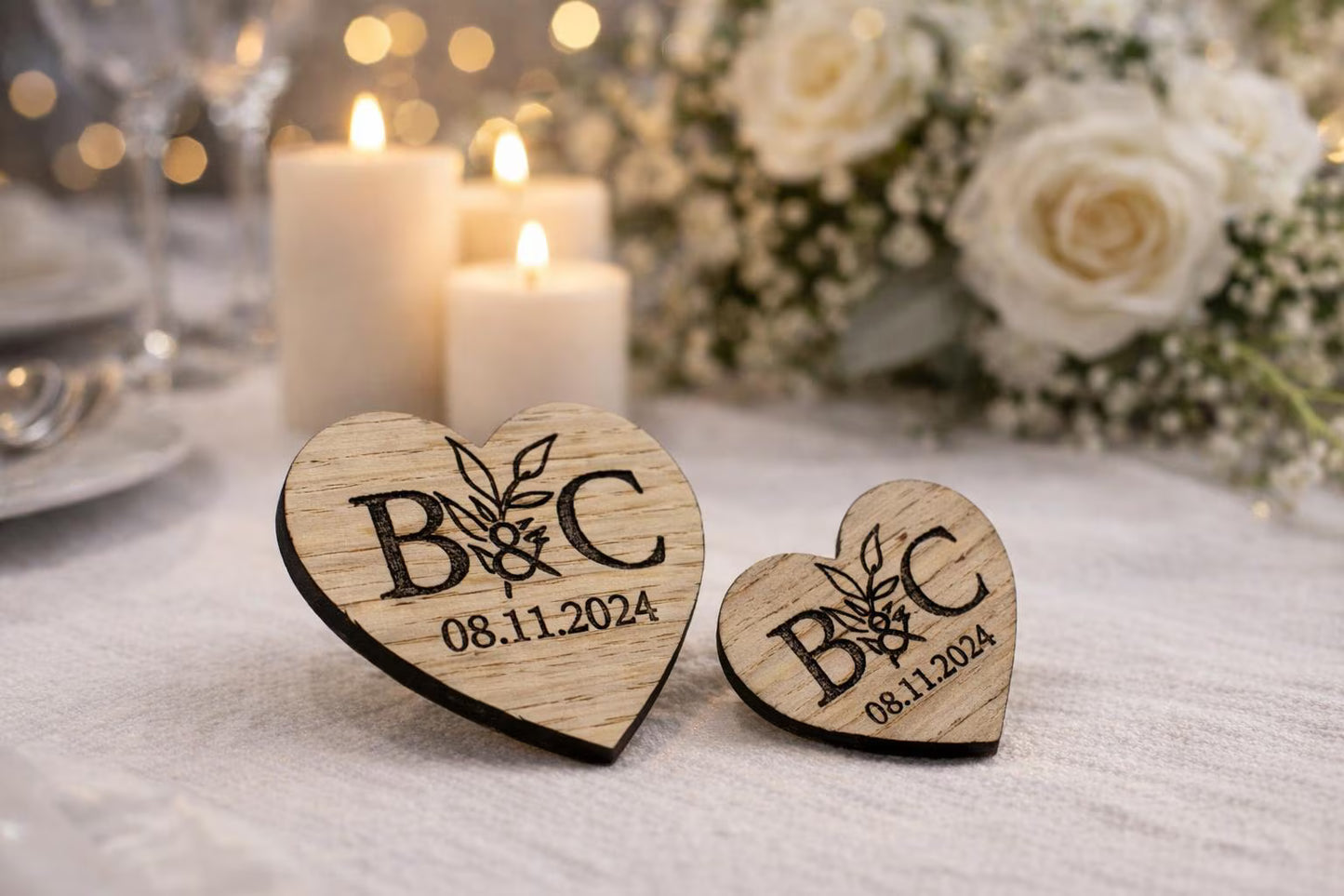 Personalized Wooden Heart Wedding Badge – Initials & Date Engraved Pin