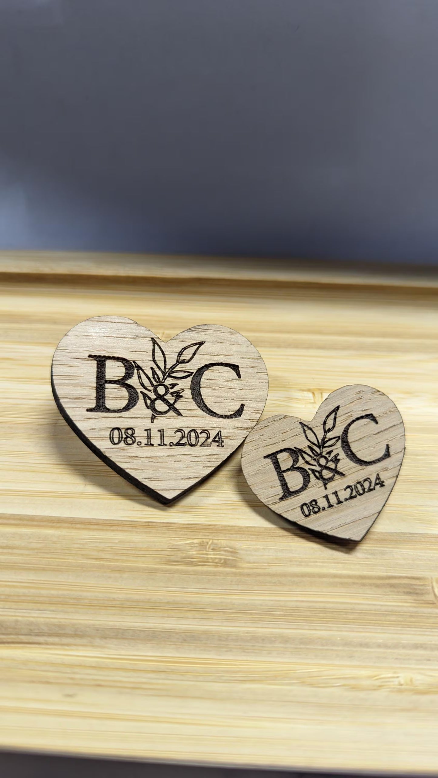 Personalized Wooden Heart Wedding Badge – Initials & Date Engraved Pin