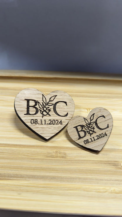 Personalized Wooden Heart Wedding Badge – Initials & Date Engraved Pin