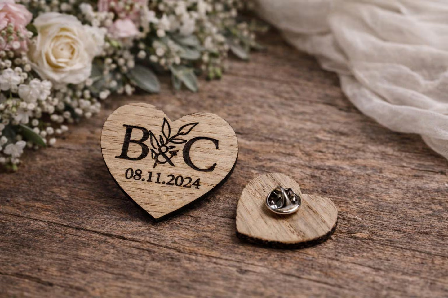 Personalized Wooden Heart Wedding Badge – Initials & Date Engraved Pin