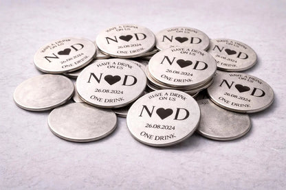Personalized Steel Drink Tokens, Laser Engraved Bar Vouchers, 25mm
