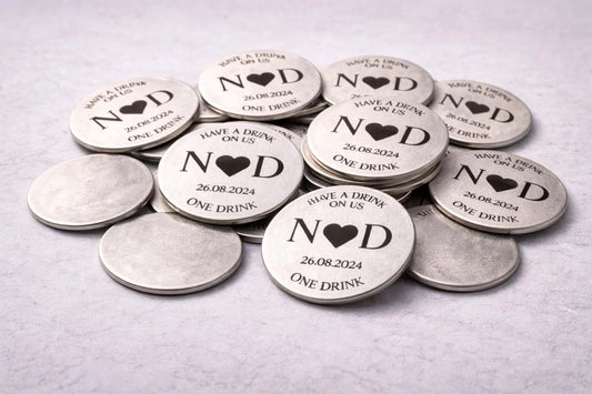 Personalized Steel Drink Tokens, Laser Engraved Bar Vouchers, 25mm