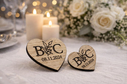 Personalized Wooden Heart Wedding Badge – Initials & Date Engraved Pin