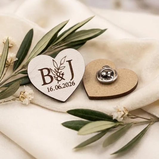 White Personalized Wooden Heart Wedding Badge – Initials & Date Engraved Pin