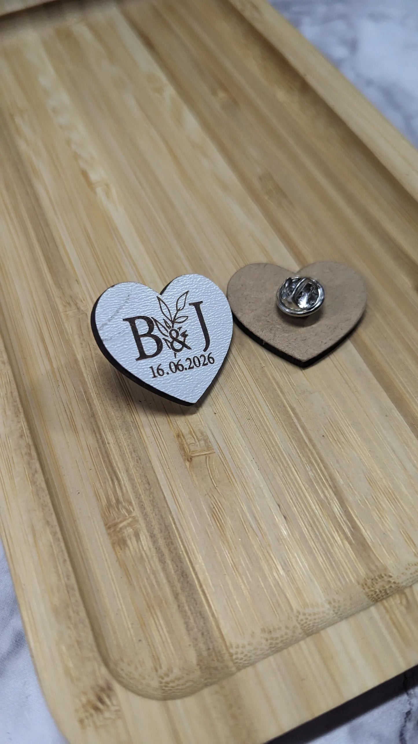 White Personalized Wooden Heart Wedding Badge – Initials & Date Engraved Pin