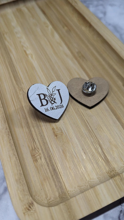 White Personalized Wooden Heart Wedding Badge – Initials & Date Engraved Pin