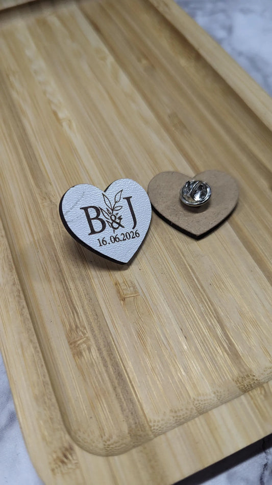 White Personalized Wooden Heart Wedding Badge – Initials & Date Engraved Pin