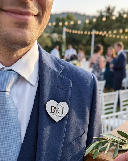 White Personalized Wooden Heart Wedding Badge – Initials & Date Engraved Pin